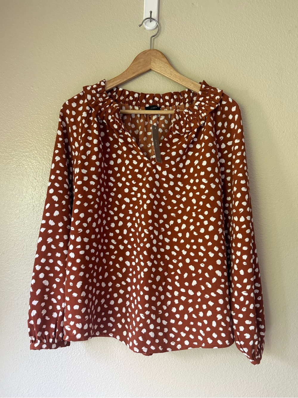 J. Crew Rust Brown and White Dot Ruffle-Neck Blouse